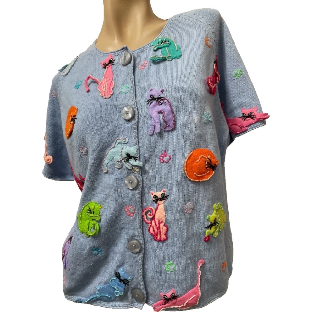 Vintage Blue Cotton Knit Cardigan Sweater w Beaded Felt Cats